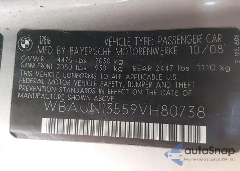 2009 BMW 128I z USA, uszkodzony, nr VIN WBAUN13559VH80738